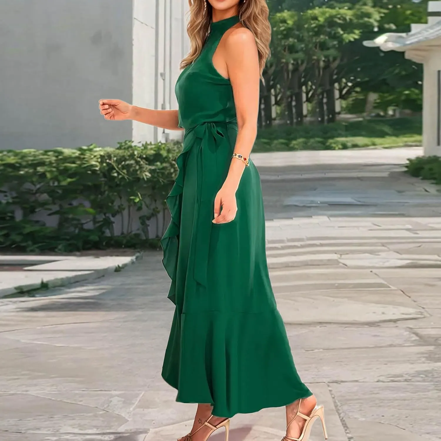 Women Elegant Halter A-Line Dress Summer Flowy Wrap Wrap Hem High-Low Dresses Bleted High Waist Prom Maxi Dress