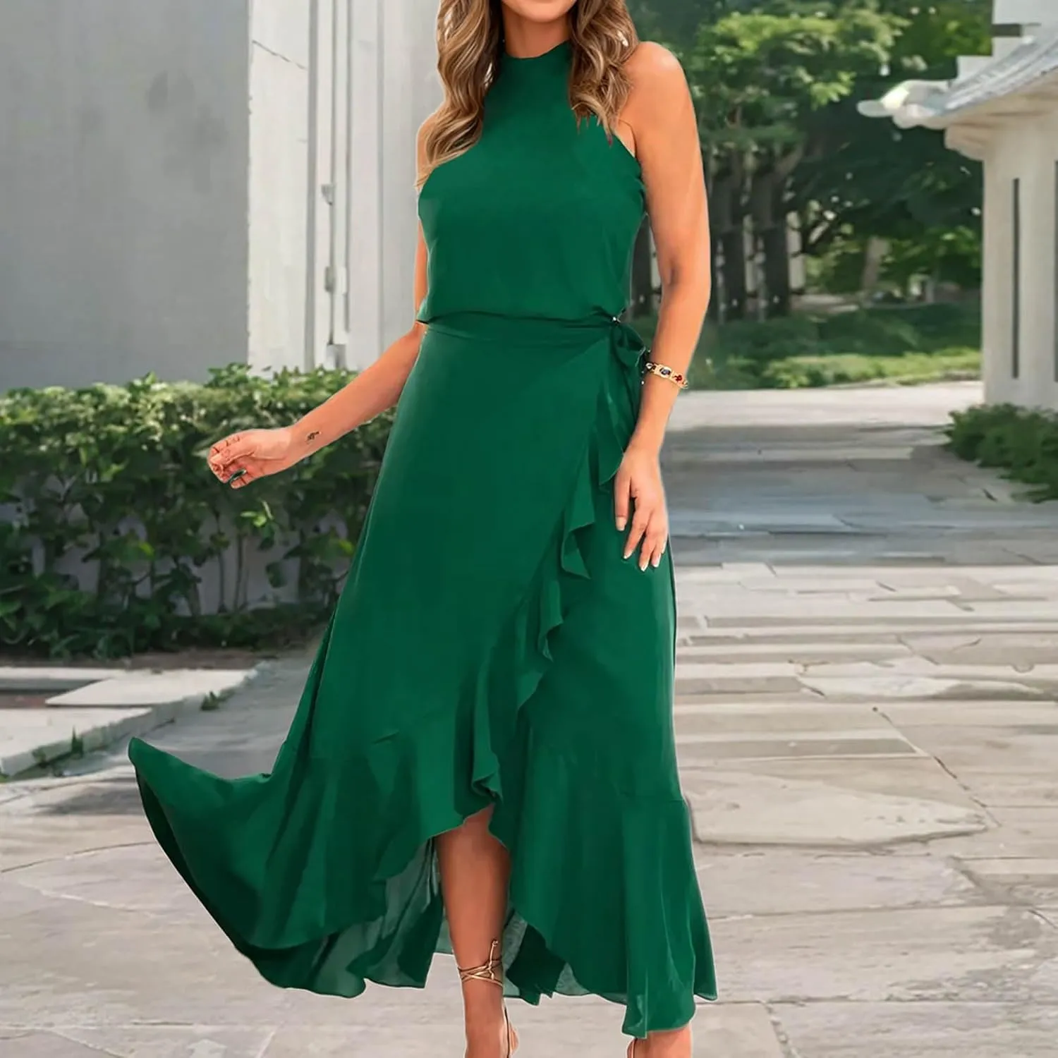 Women Elegant Halter A-Line Dress Summer Flowy Wrap Wrap Hem High-Low Dresses Bleted High Waist Prom Maxi Dress
