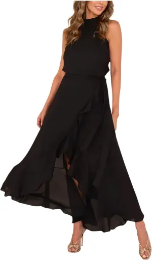 Women Elegant Halter A-Line Dress Summer Flowy Wrap Wrap Hem High-Low Dresses Bleted High Waist Prom Maxi Dress