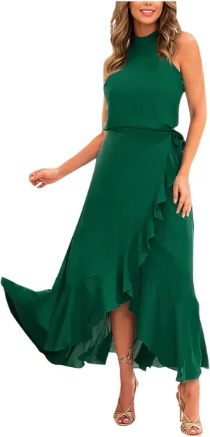 Women Elegant Halter A-Line Dress Summer Flowy Wrap Wrap Hem High-Low Dresses Bleted High Waist Prom Maxi Dress