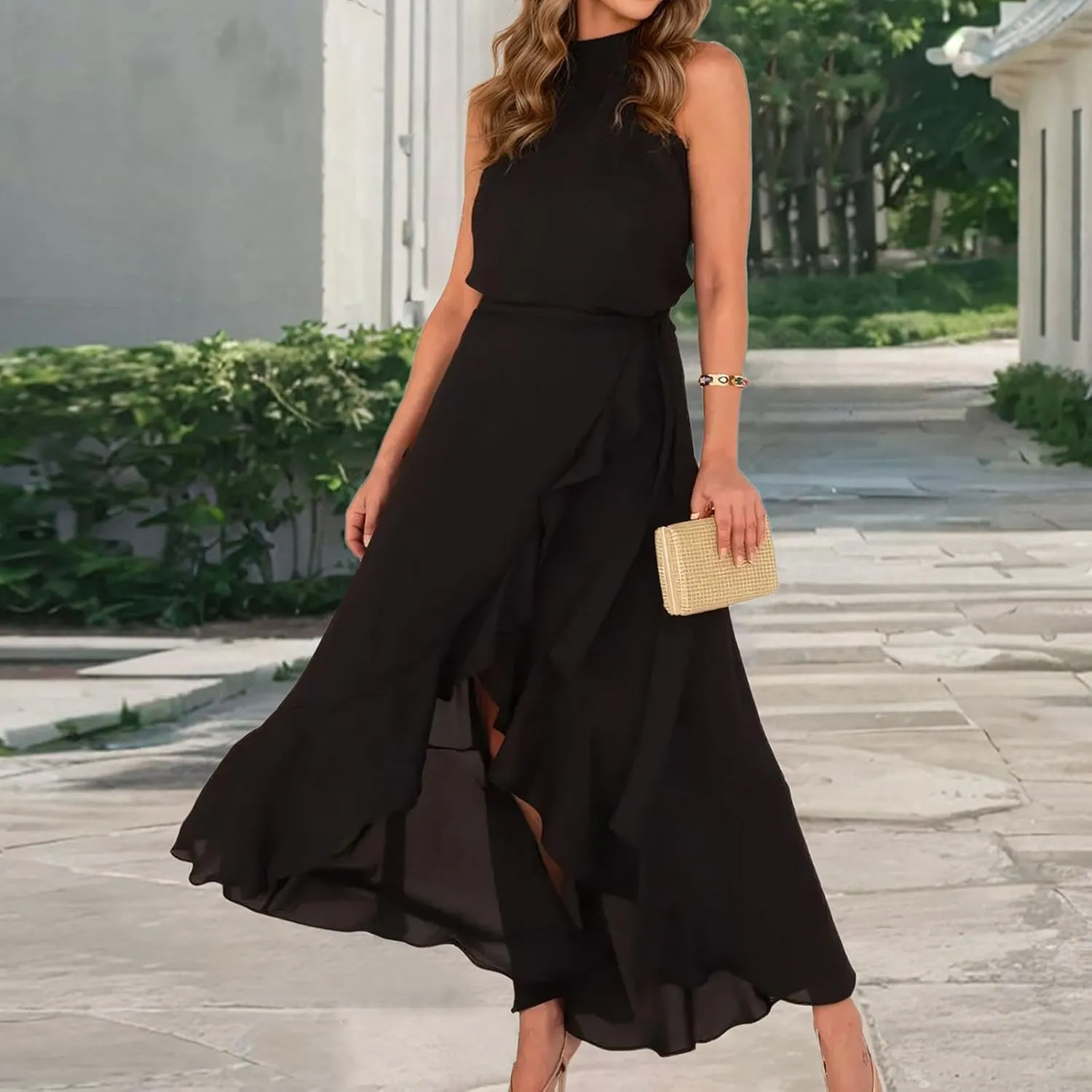 Women Elegant Halter A-Line Dress Summer Flowy Wrap Wrap Hem High-Low Dresses Bleted High Waist Prom Maxi Dress