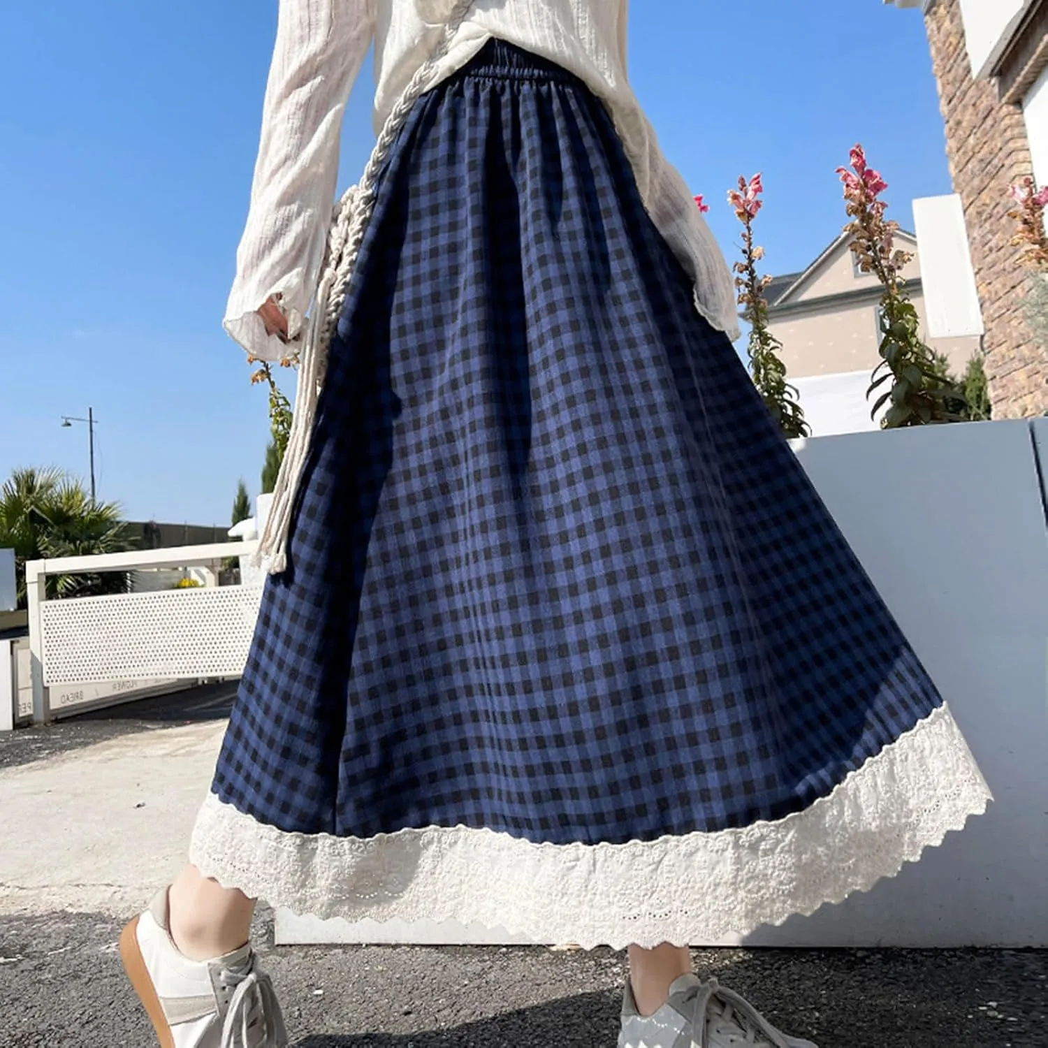 Women Fashion Plaid Print A-Line Swing Skirt, Elastic High Waist Lace Trim Casual Long Skirts Summer Loose Comfy Clothes