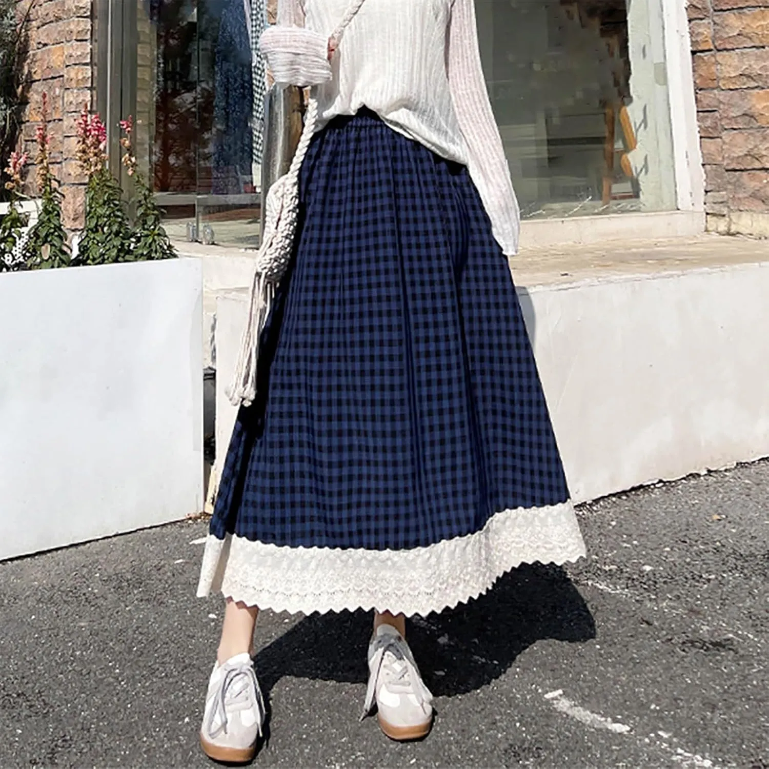 Women Fashion Plaid Print A-Line Swing Skirt, Elastic High Waist Lace Trim Casual Long Skirts Summer Loose Comfy Clothes