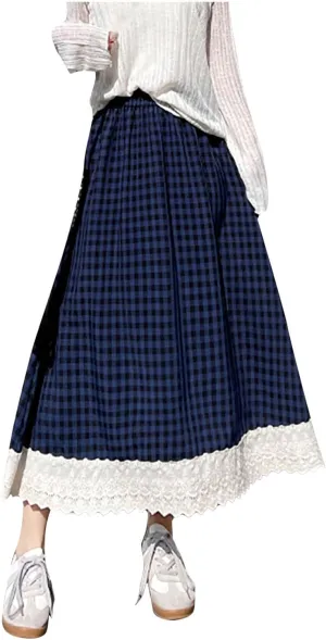Women Fashion Plaid Print A-Line Swing Skirt, Elastic High Waist Lace Trim Casual Long Skirts Summer Loose Comfy Clothes