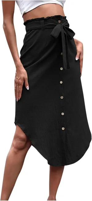 Women High Waist Skirt Irregular Hem Button Front Midi Skirt with Belt Elegant Office Fashion Casual Vintage Skirts