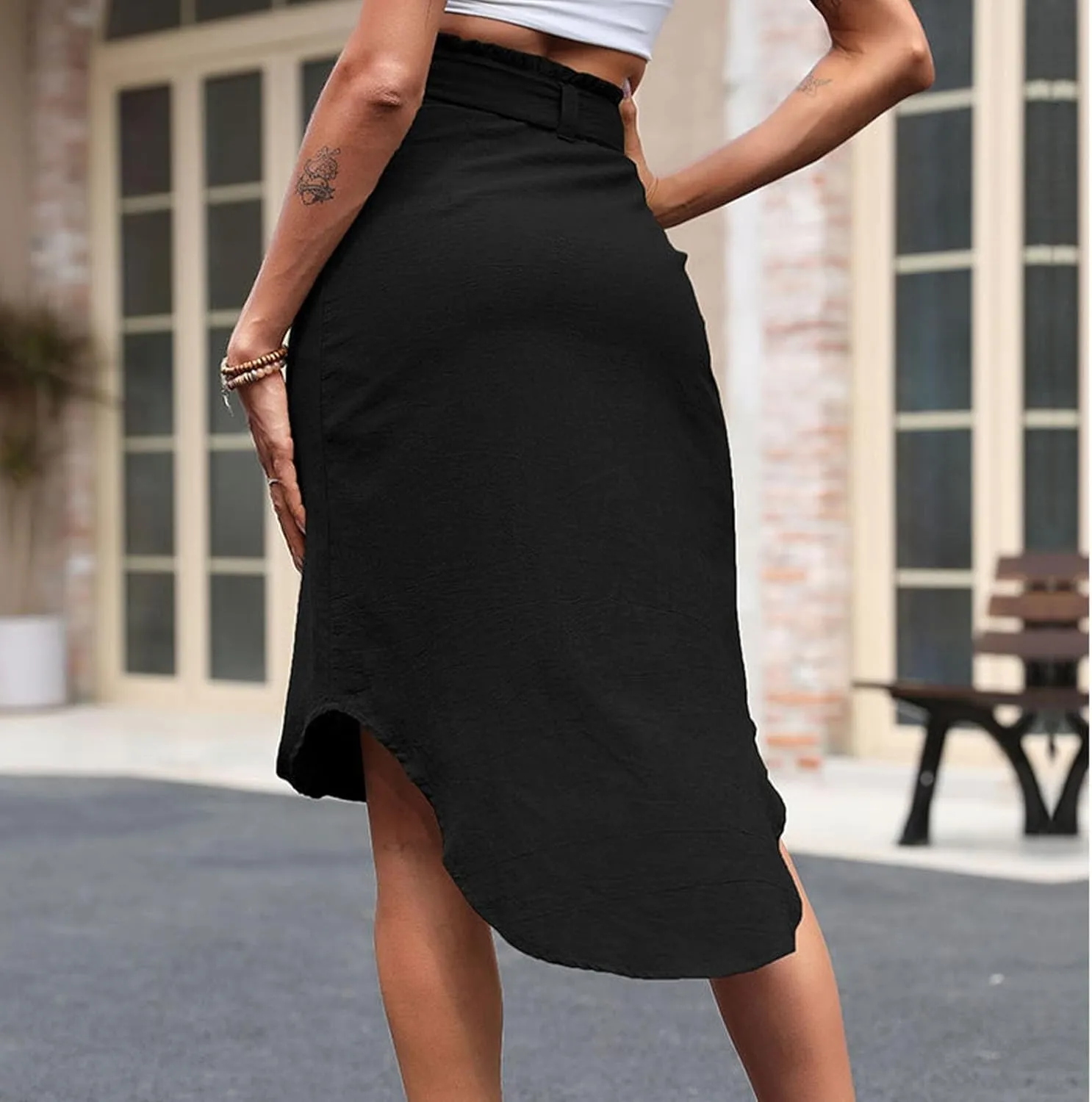 Women High Waist Skirt Irregular Hem Button Front Midi Skirt with Belt Elegant Office Fashion Casual Vintage Skirts