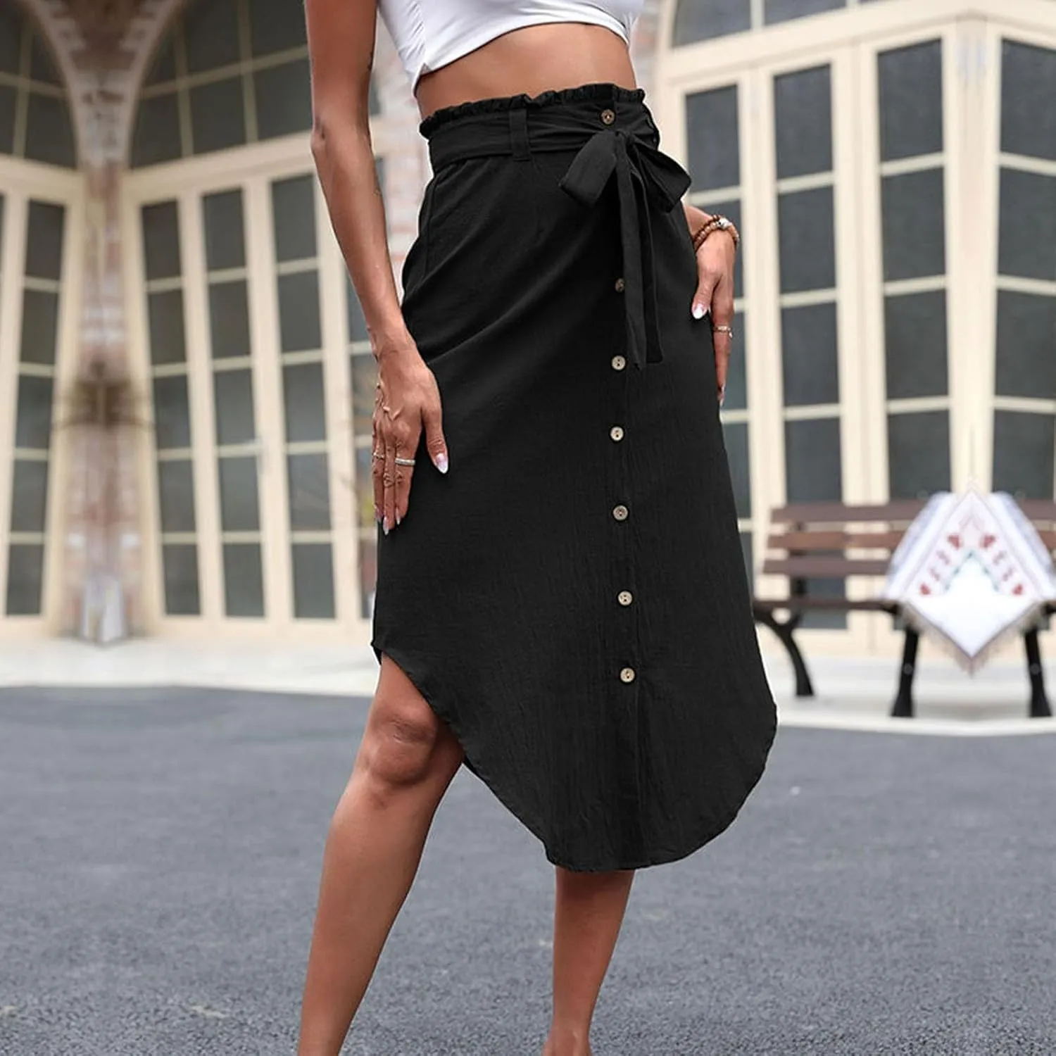 Women High Waist Skirt Irregular Hem Button Front Midi Skirt with Belt Elegant Office Fashion Casual Vintage Skirts