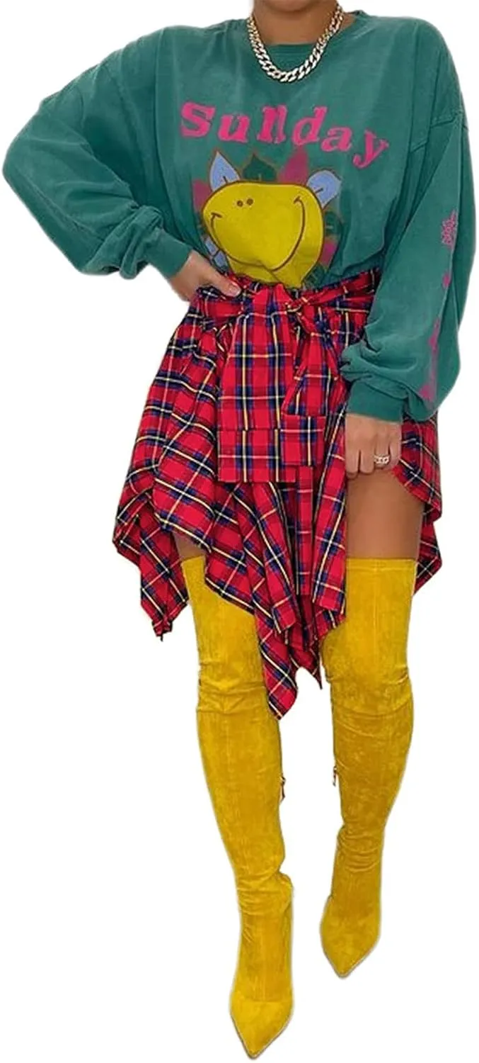 Women Irregular Hem Plaid Skirt High Waist Summer Knot Front Mini Skater Skirt Casual Pleated A Line Short Skirt