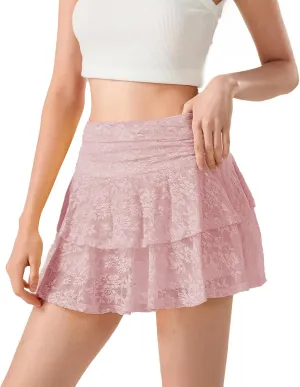 Women Lace Slip Mini Skirts Elastic Waist Layered Ruffle Pleated Skirts Y2k Floral Lace Tiered Short Underskirts