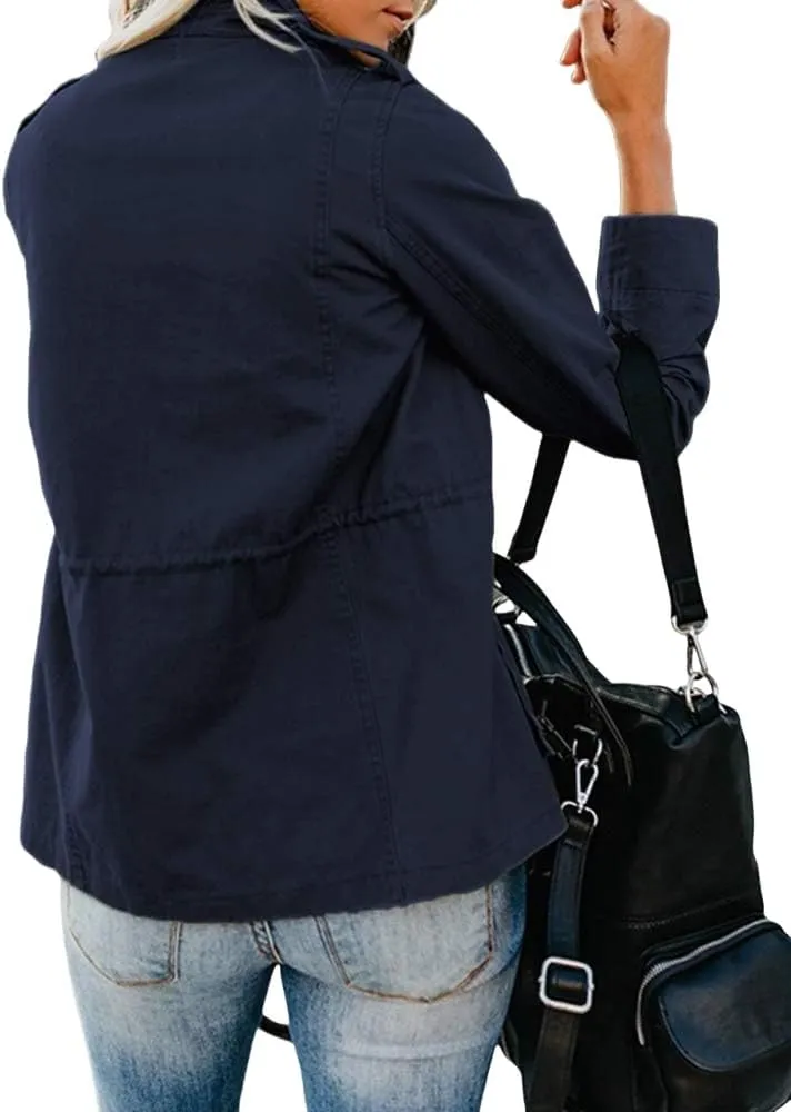 Women Military Anorak Jackets Lightweight Zip Up Utility Cargo Coats Casual Long Sleeve Snap Buttons Safari Outwear