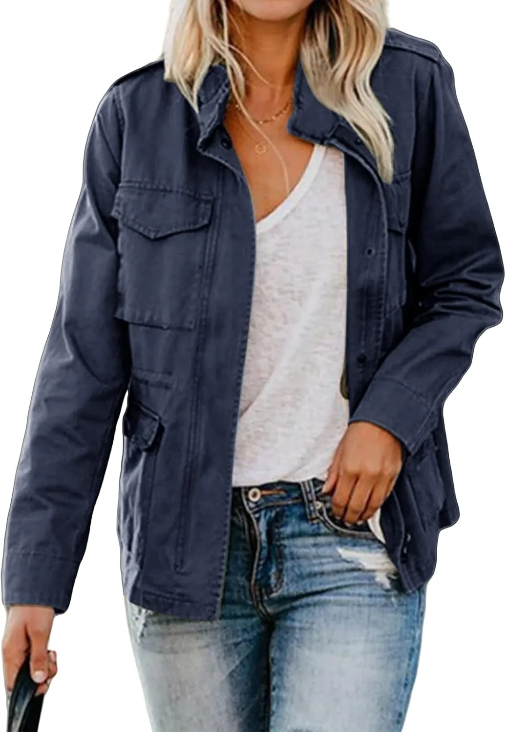 Women Military Anorak Jackets Lightweight Zip Up Utility Cargo Coats Casual Long Sleeve Snap Buttons Safari Outwear
