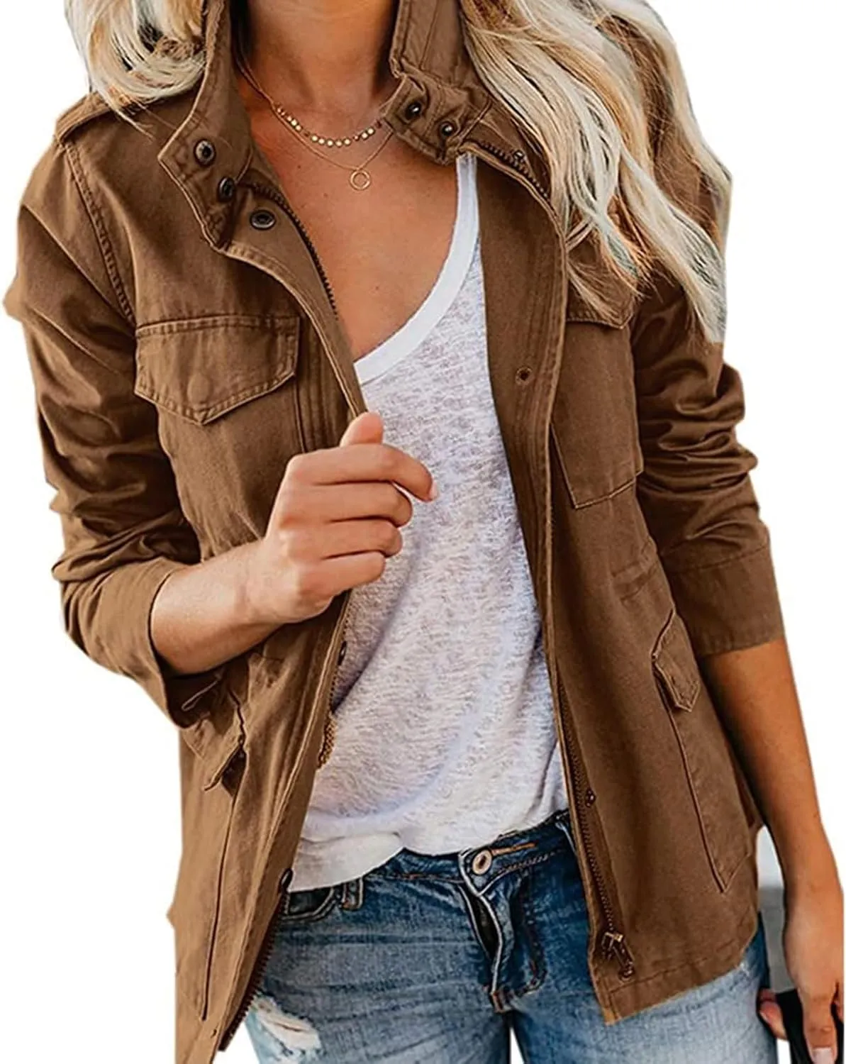 Women Military Anorak Jackets Lightweight Zip Up Utility Cargo Coats Casual Long Sleeve Snap Buttons Safari Outwear