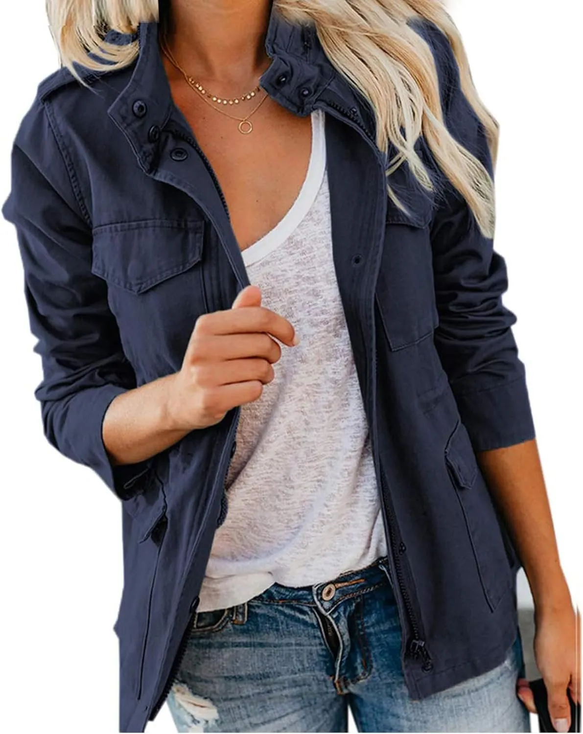 Women Military Anorak Jackets Lightweight Zip Up Utility Cargo Coats Casual Long Sleeve Snap Buttons Safari Outwear