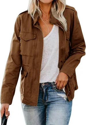 Women Military Anorak Jackets Lightweight Zip Up Utility Cargo Coats Casual Long Sleeve Snap Buttons Safari Outwear