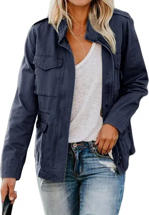Women Military Anorak Jackets Lightweight Zip Up Utility Cargo Coats Casual Long Sleeve Snap Buttons Safari Outwear
