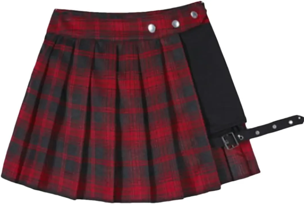 Women Pleated Gothic Half Skirts Punk Style Plaid Irregular Skirts Asymmetrical High Waist Black Skirts