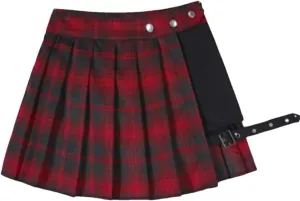 Women Pleated Gothic Half Skirts Punk Style Plaid Irregular Skirts Asymmetrical High Waist Black Skirts