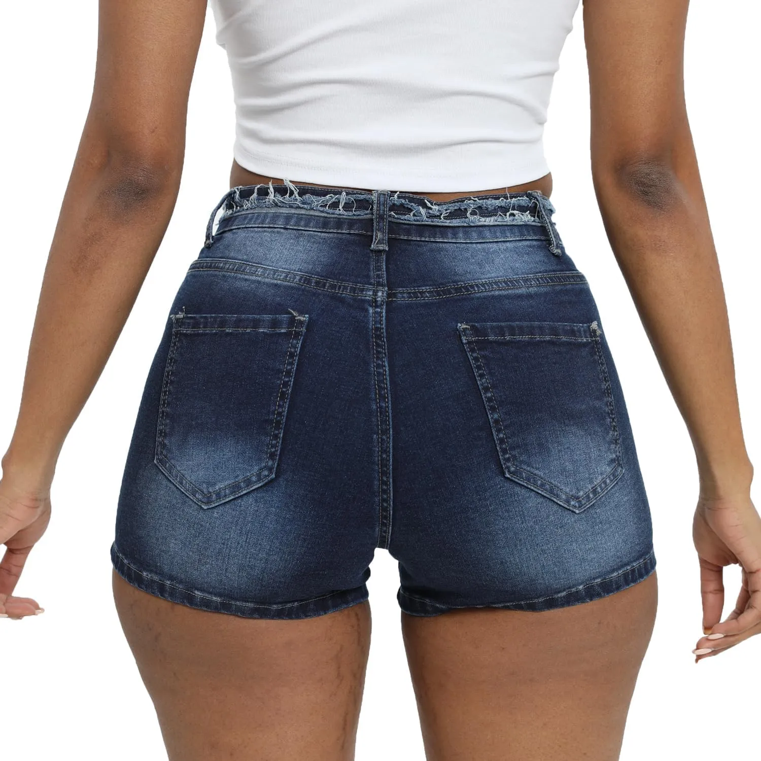 Women Ripped Denim Shorts High Rise Summer Jeans Stretchy Folded Hem Jean Shorts Cut Off Distressed Short Jeans