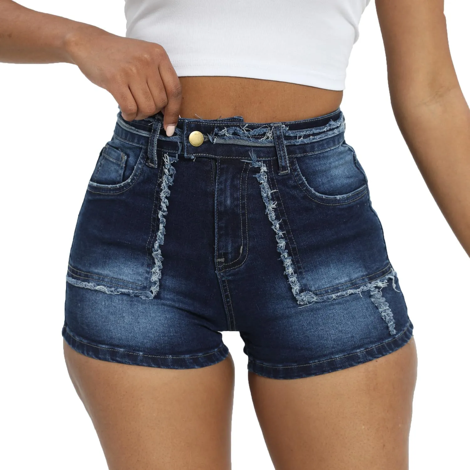 Women Ripped Denim Shorts High Rise Summer Jeans Stretchy Folded Hem Jean Shorts Cut Off Distressed Short Jeans