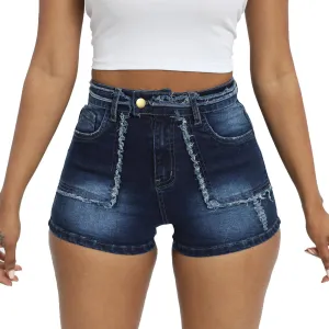 Women Ripped Denim Shorts High Rise Summer Jeans Stretchy Folded Hem Jean Shorts Cut Off Distressed Short Jeans