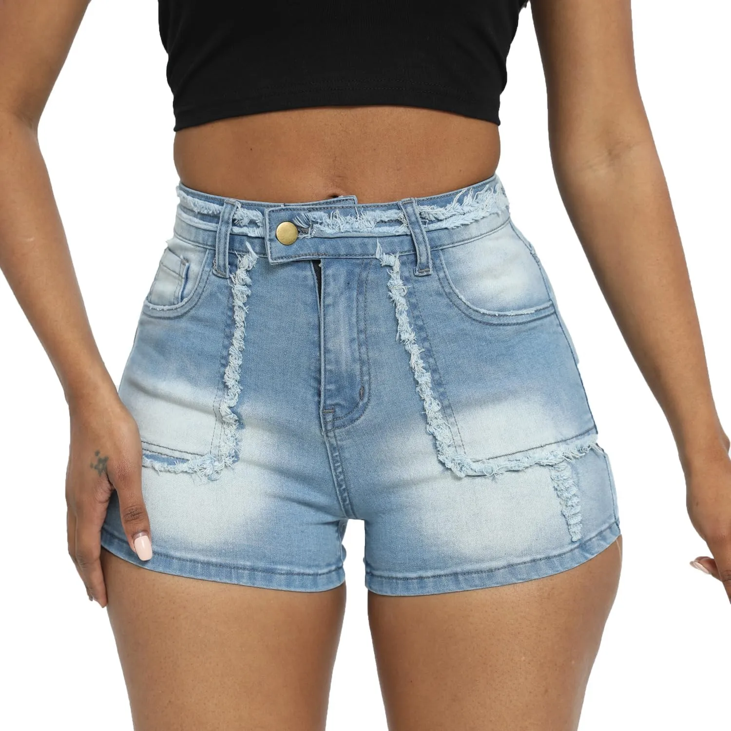 Women Ripped Denim Shorts High Rise Summer Jeans Stretchy Folded Hem Jean Shorts Cut Off Distressed Short Jeans