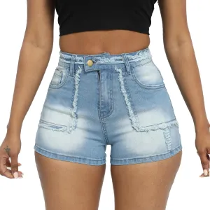 Women Ripped Denim Shorts High Rise Summer Jeans Stretchy Folded Hem Jean Shorts Cut Off Distressed Short Jeans