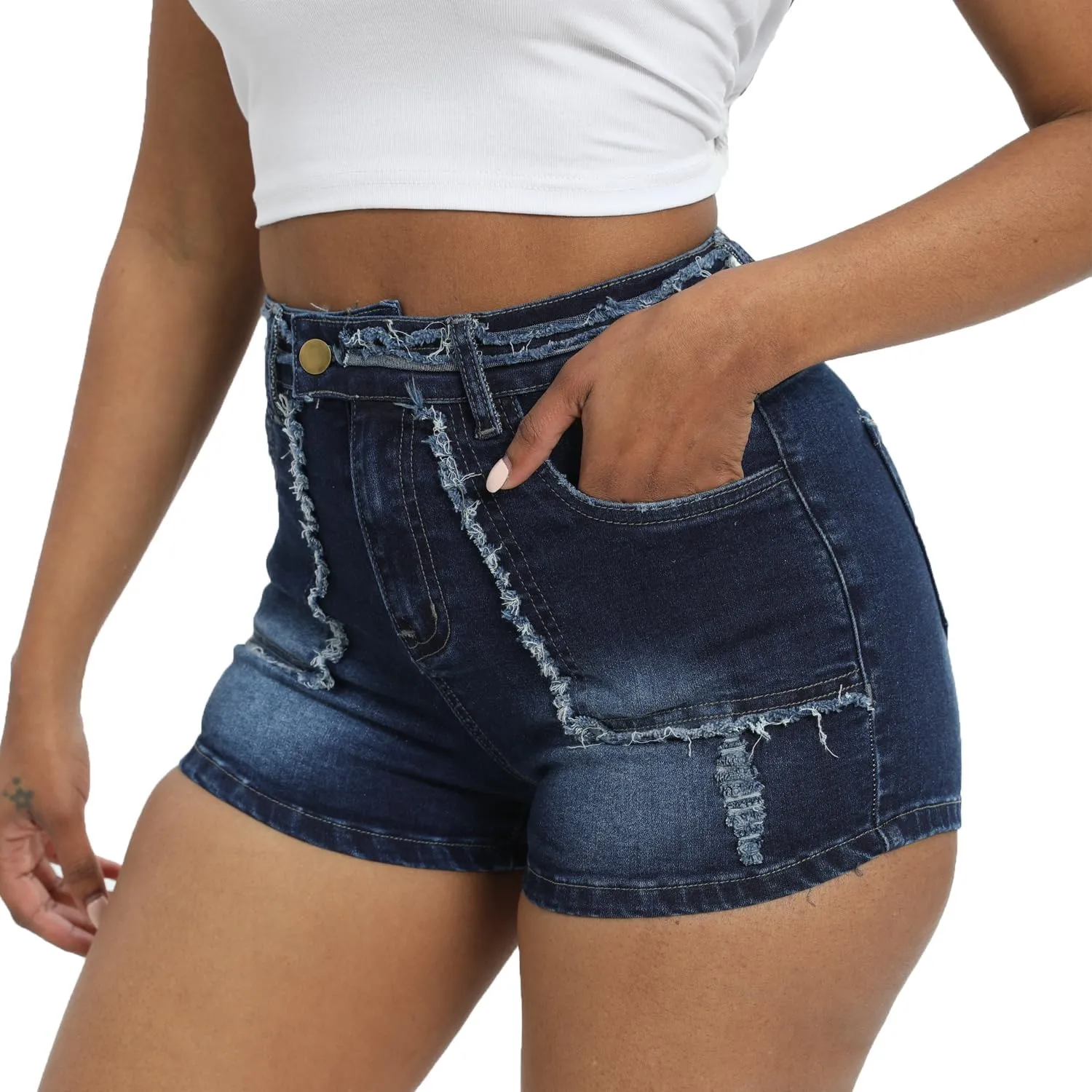 Women Ripped Denim Shorts High Rise Summer Jeans Stretchy Folded Hem Jean Shorts Cut Off Distressed Short Jeans