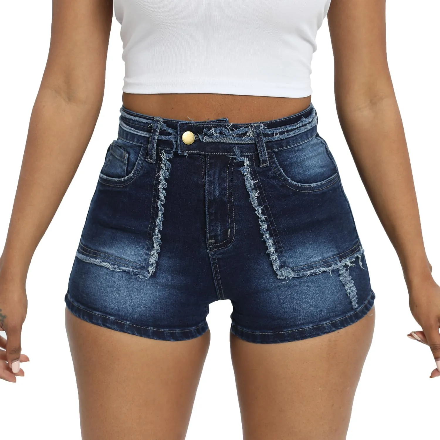 Women Ripped Denim Shorts High Rise Summer Jeans Stretchy Folded Hem Jean Shorts Cut Off Distressed Short Jeans