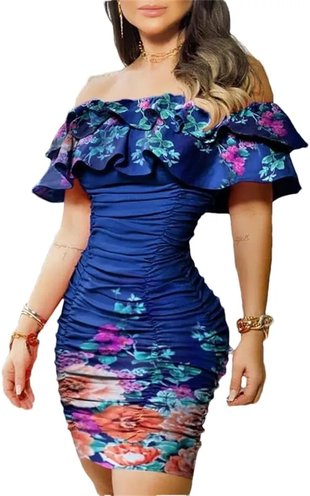 Women Ruffle Off Shoulder Mini Bodycon Party Evening Dresses Pleated Hip Dresses