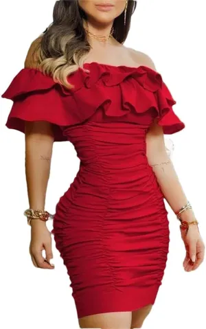 Women Ruffle Off Shoulder Mini Bodycon Party Evening Dresses Pleated Hip Dresses