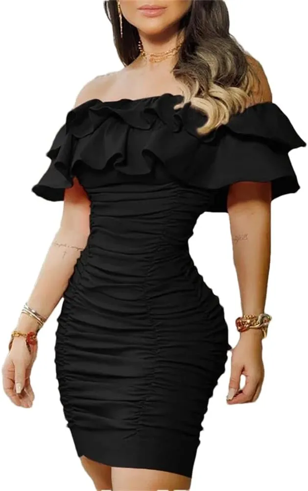 Women Ruffle Off Shoulder Mini Bodycon Party Evening Dresses Pleated Hip Dresses