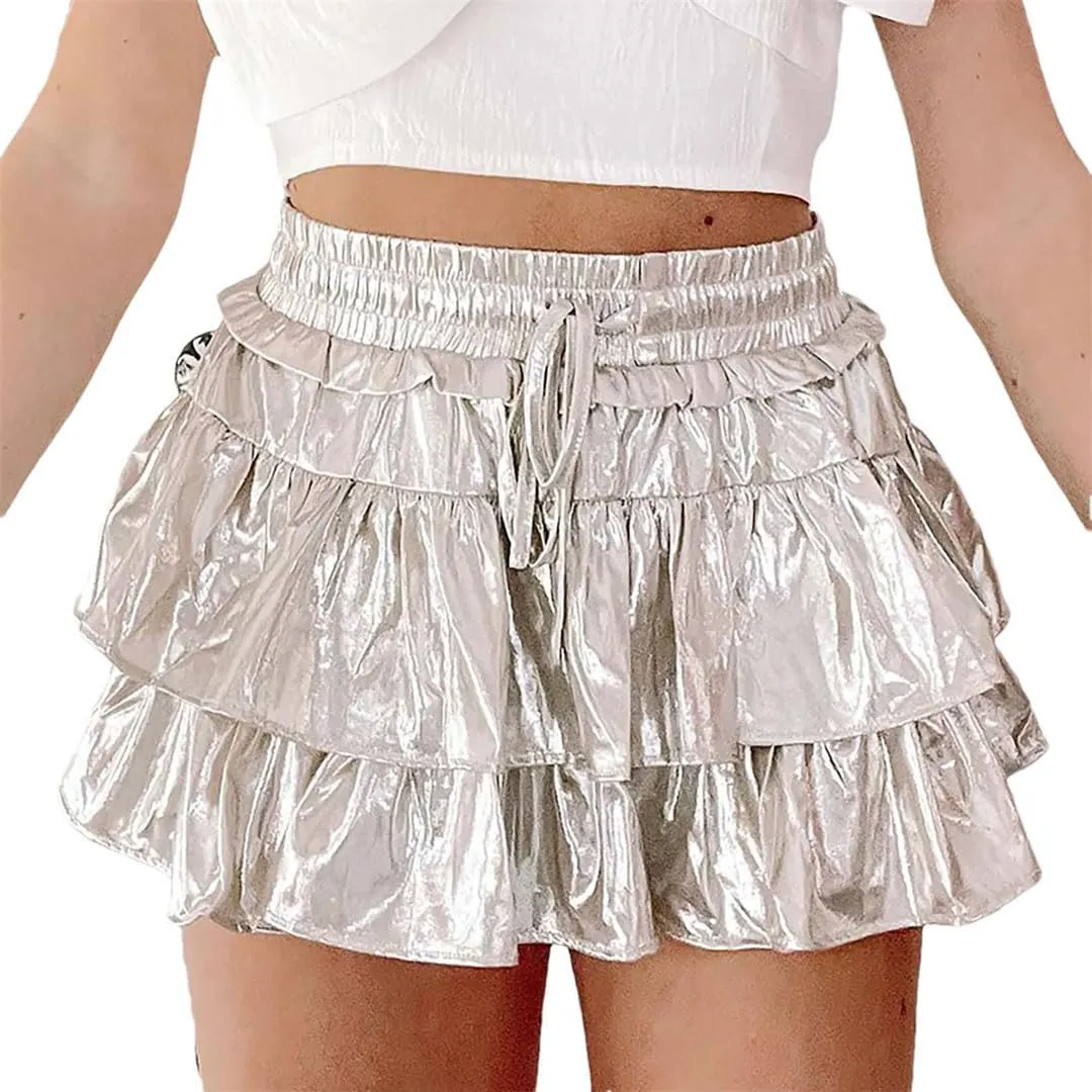Women Skirt Summer Solid Color Ruffle Layered Flared Pleated Mini Skirts