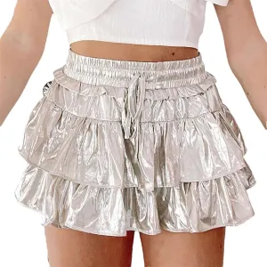 Women Skirt Summer Solid Color Ruffle Layered Flared Pleated Mini Skirts