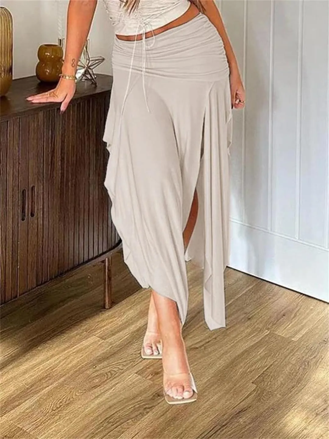 Women Solid High Waisted Asymmetrical Long Skirts Holiday Vacation Clothing