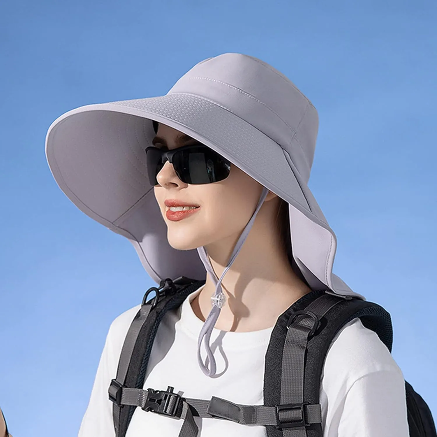Women Summer Wide Brim Shawl Sun Hats Sunscreen Fisherman Cap Outdoor Travel Ponytail Hole Visors Hat with Strings