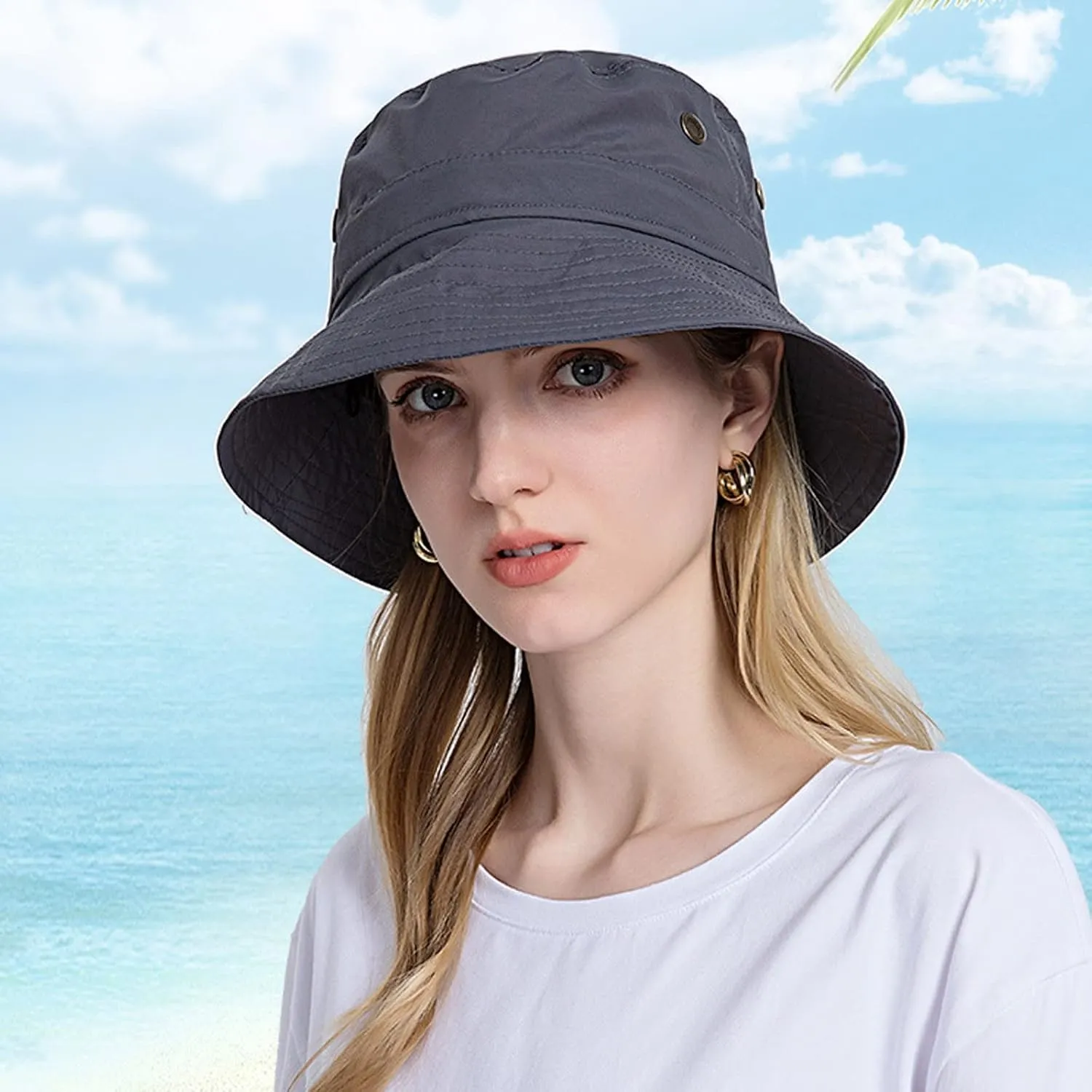 Women Sun Hat Wide Brim Sunscreen Bucket Hat Adjustable Sunshade Beach Hat Summer Fisherman Hats with Strings