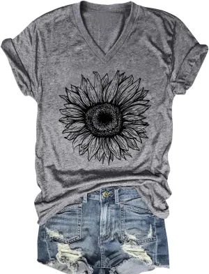 Women V Neck Sunflower Graphic Shirt Cute Dandelion Teen Girls Tee Tops Short Sleeve Cowgirls Casual T Shirts