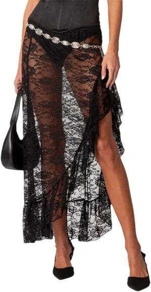 Women Vintage High Waist Asymmetrical Hem Ruffle Midi Skirts Flowy Skirts Solid Color Lace Long Skirts