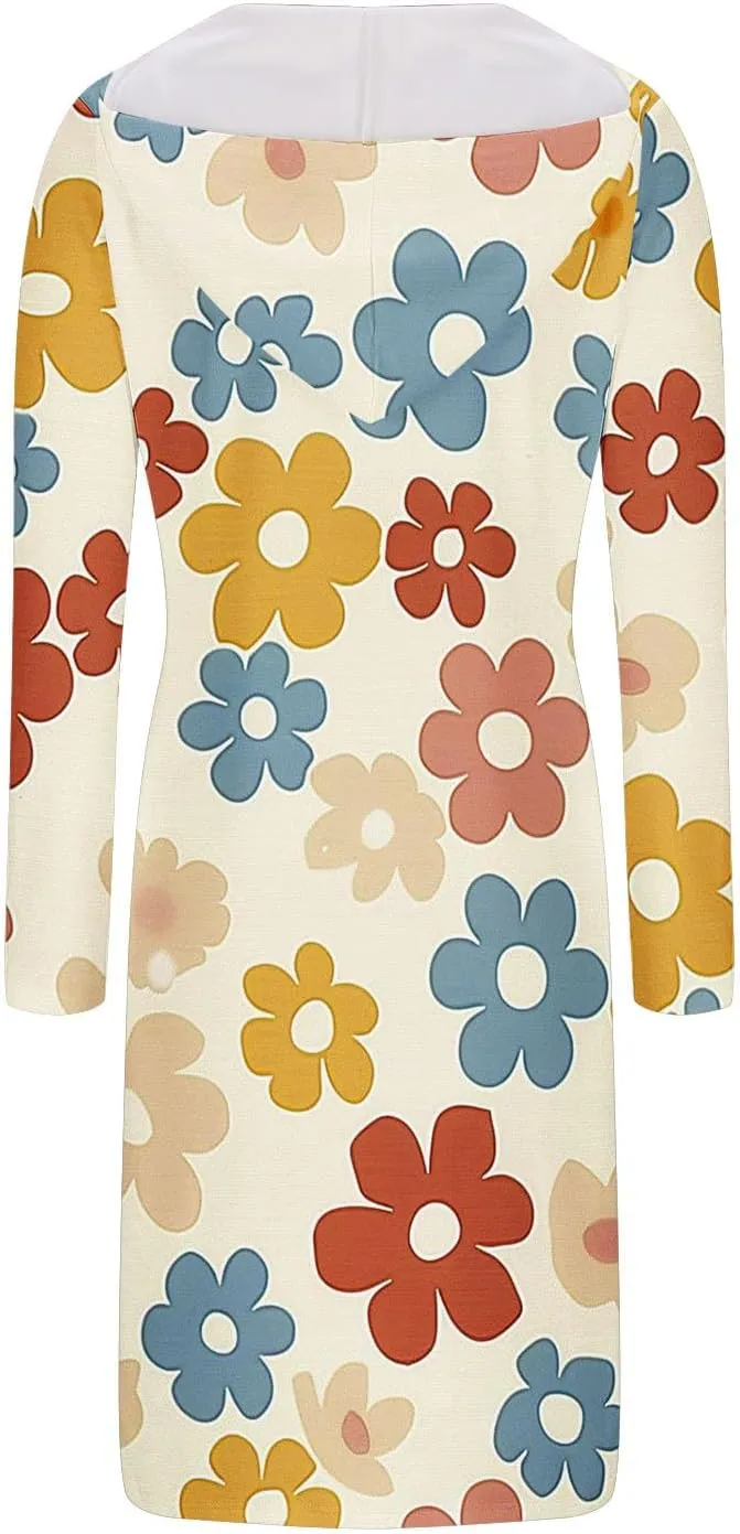 Women's 2024 Fall Dresses Long Sleeve V Neck Floral Dress Flowy Casual Dress Midi Dress Shift Long Dress