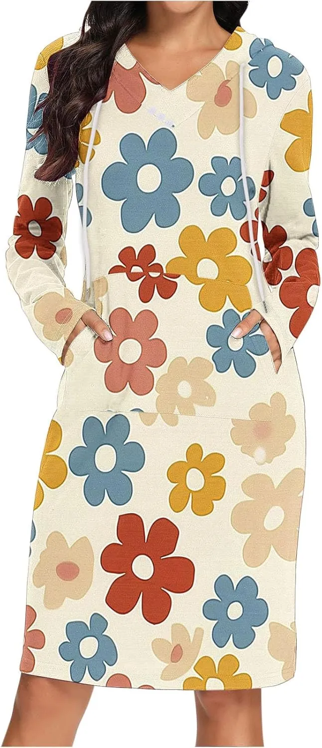 Women's 2024 Fall Dresses Long Sleeve V Neck Floral Dress Flowy Casual Dress Midi Dress Shift Long Dress