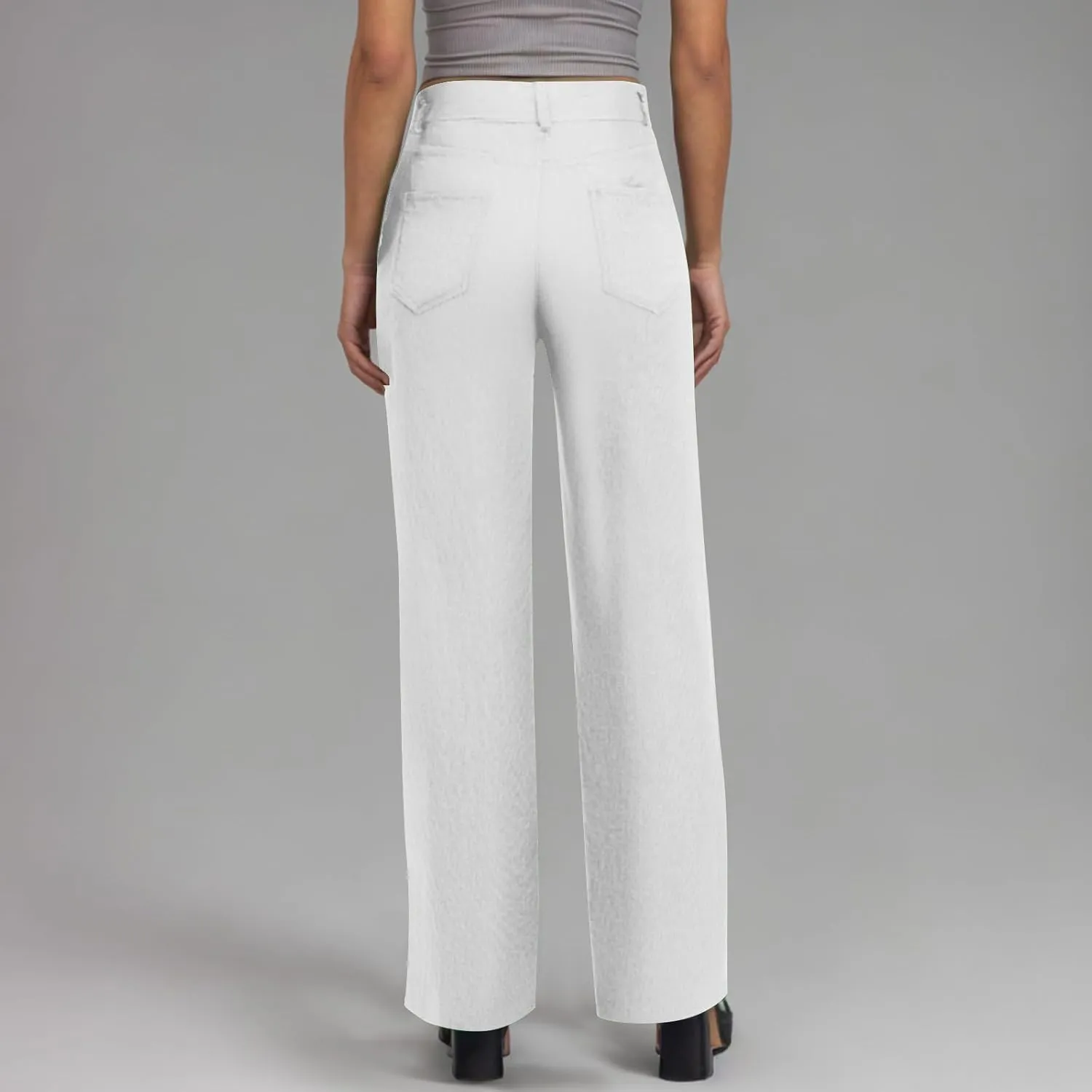 Womens Business Casual Pants Solid Color High Rise Button Zipper Straight Leg Loose Comfy Trousers with Pockets