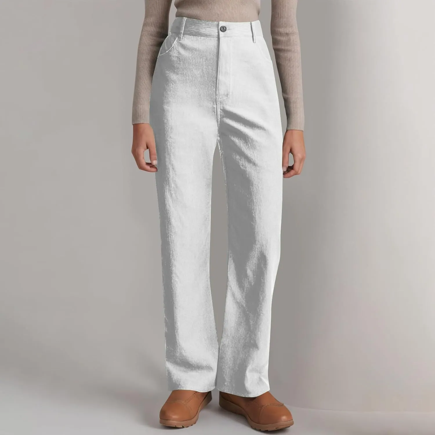 Womens Business Casual Pants Solid Color High Rise Button Zipper Straight Leg Loose Comfy Trousers with Pockets