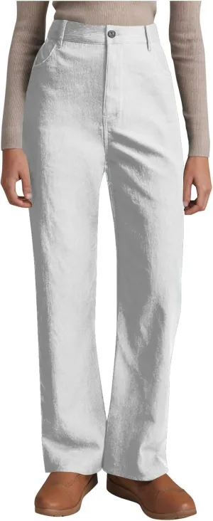 Womens Business Casual Pants Solid Color High Rise Button Zipper Straight Leg Loose Comfy Trousers with Pockets