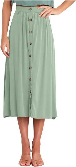 Womens Button Front Midi Skirts Elastic High Waisted Long Skirt for Casual or Formal Occasions Trendy Teacher Outfits