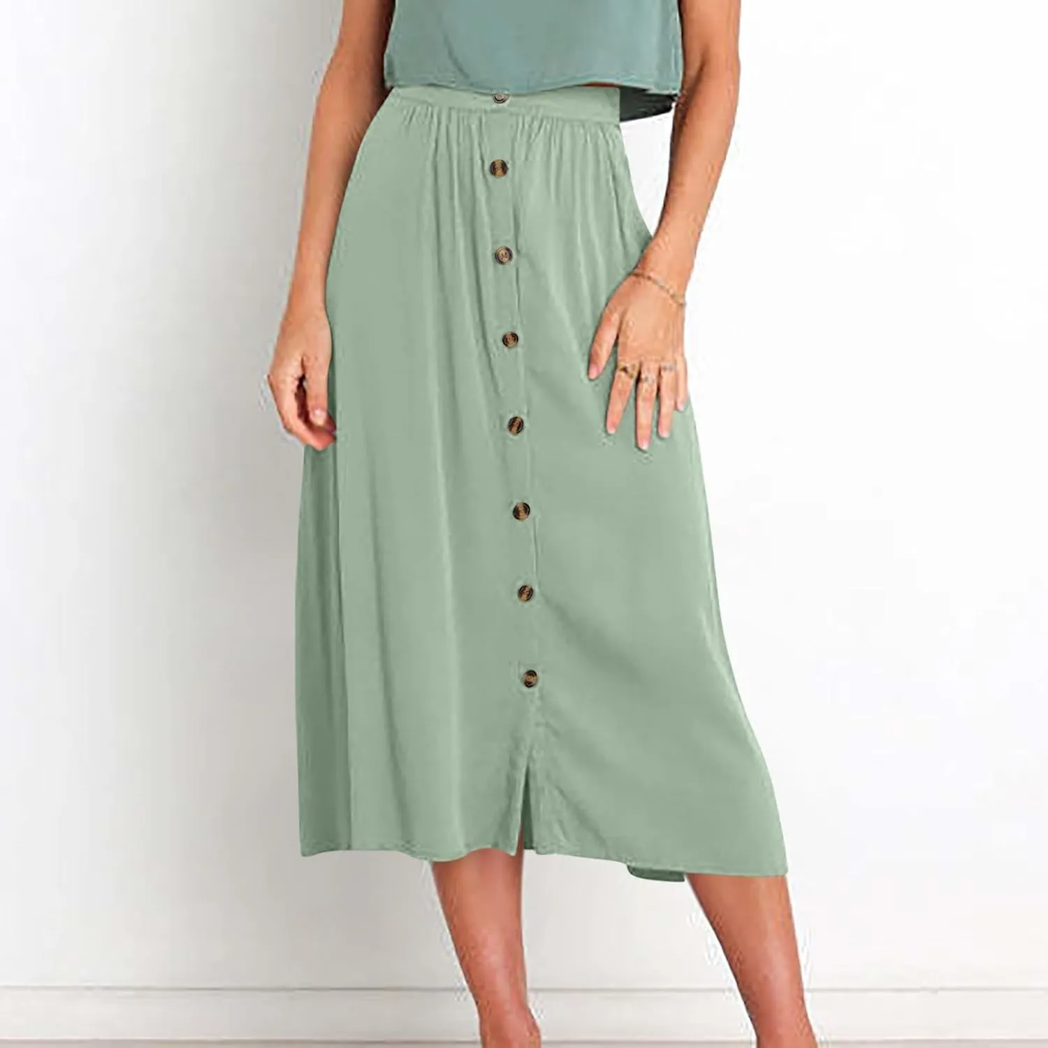 Womens Button Front Midi Skirts Elastic High Waisted Long Skirt for Casual or Formal Occasions Trendy Teacher Outfits