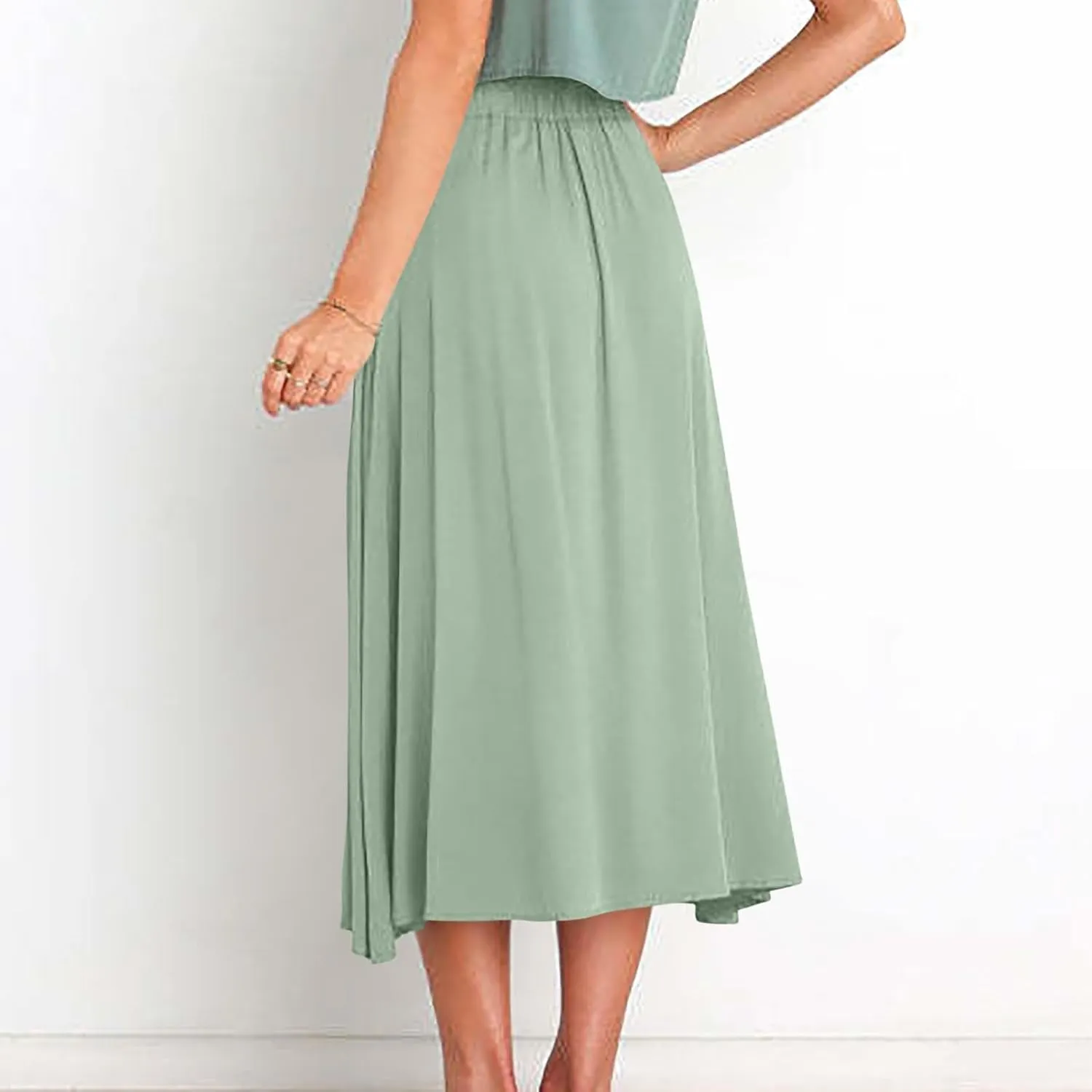 Womens Button Front Midi Skirts Elastic High Waisted Long Skirt for Casual or Formal Occasions Trendy Teacher Outfits