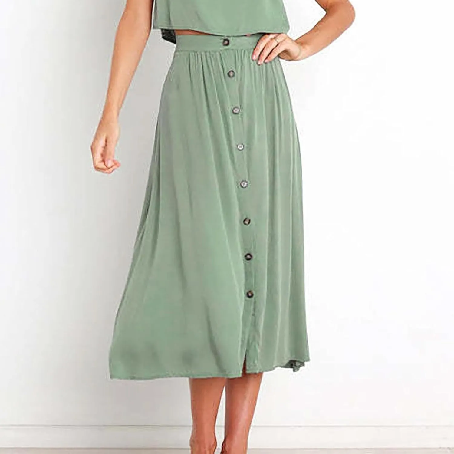 Womens Button Front Midi Skirts Elastic High Waisted Long Skirt for Casual or Formal Occasions Trendy Teacher Outfits
