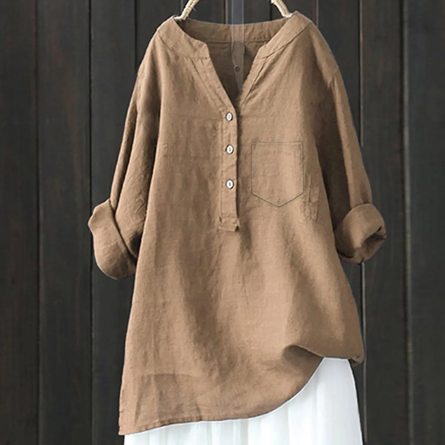 Womens Button Shirts Linen Roll Up Cuffed Sleeve V Neck Soft Shirts Casual Loose Plain Solid Blouses Tops