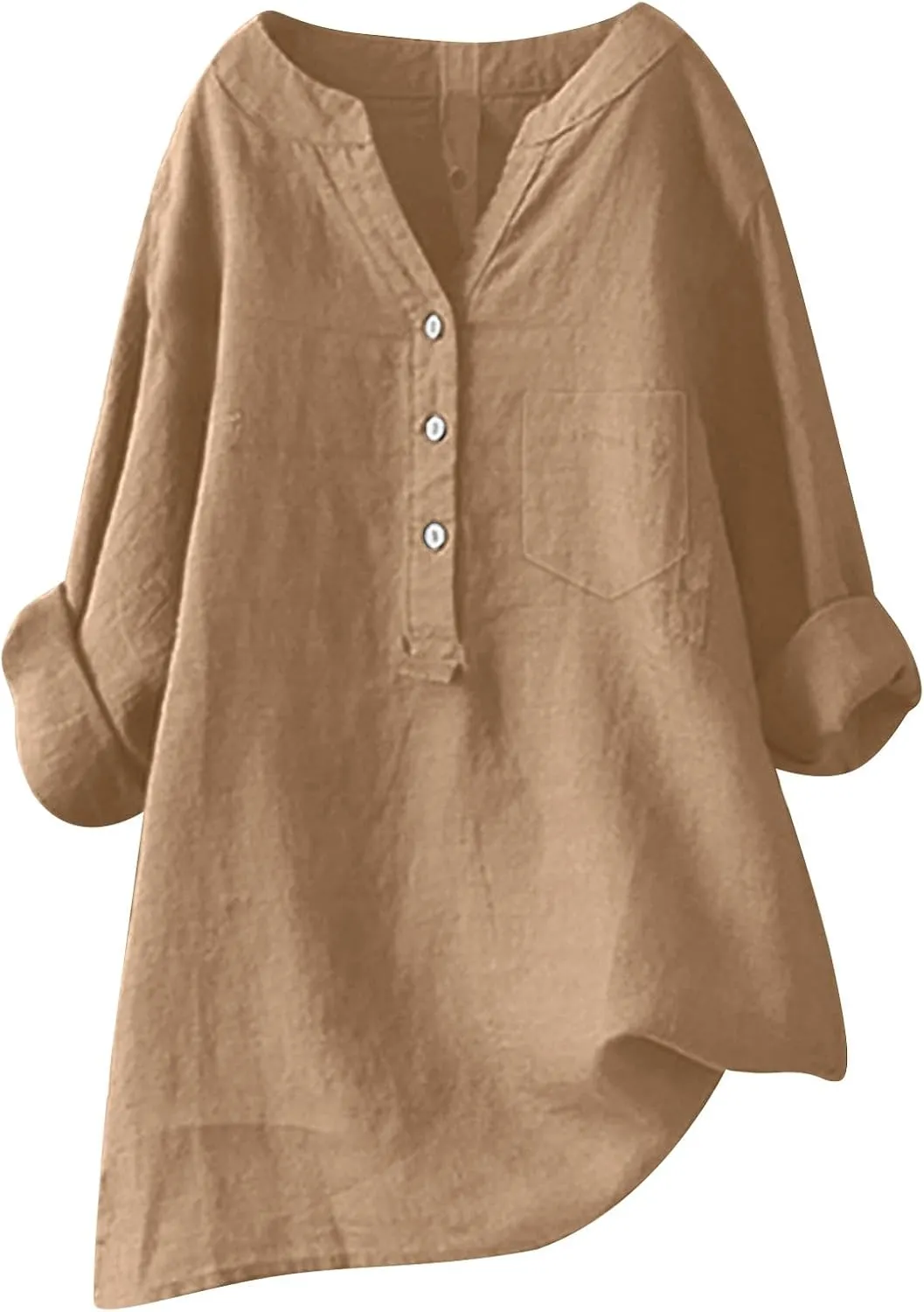 Womens Button Shirts Linen Roll Up Cuffed Sleeve V Neck Soft Shirts Casual Loose Plain Solid Blouses Tops