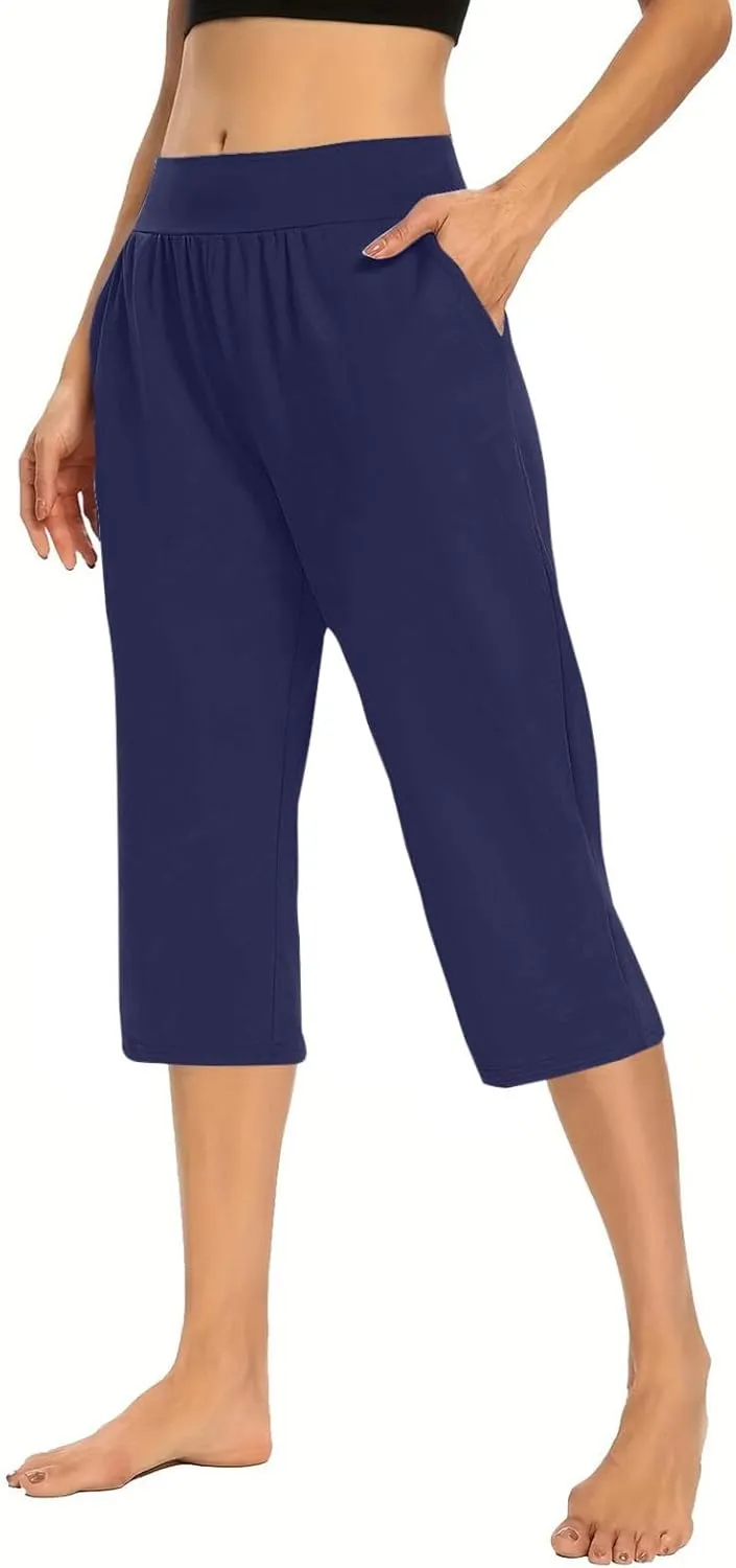 Women's Capri Pants Yoga Leggings with Pockets High Waisted Straight Cropped Pants Casual Cotton Summer Stretch
